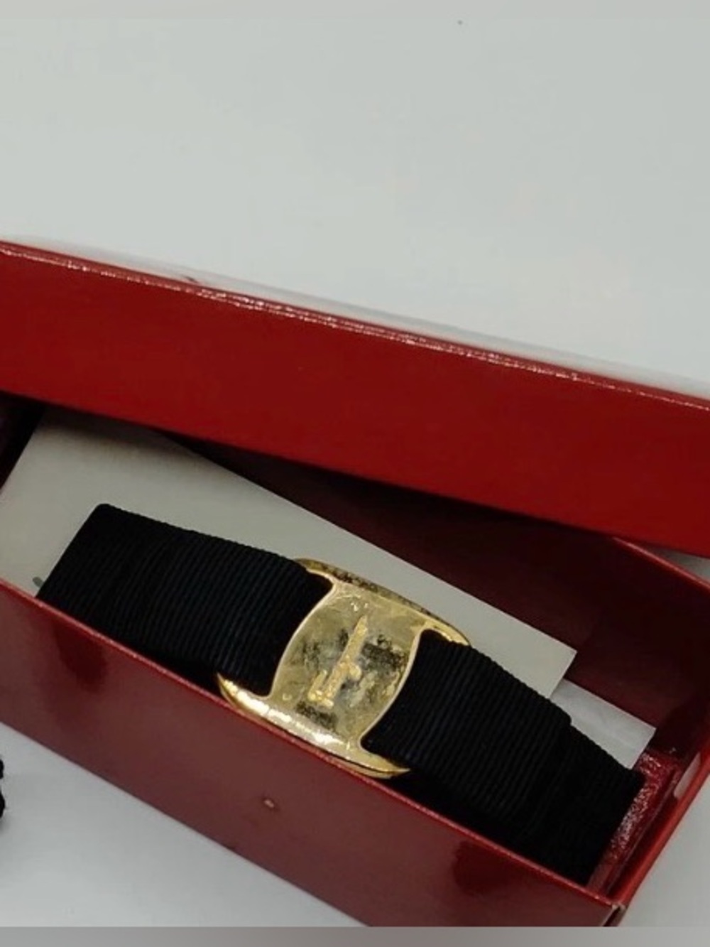 Salvatore Ferragamo Black and Gold Ribbon Hair Clip with box - Picture 2 of 6
